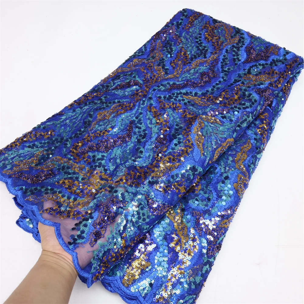 

African Lace Fabric 2022 High Quality Lace Sequins French Net Lace Tulle Mesh Fabrics Royal Blue Lace Beads Wedding Party LY1784