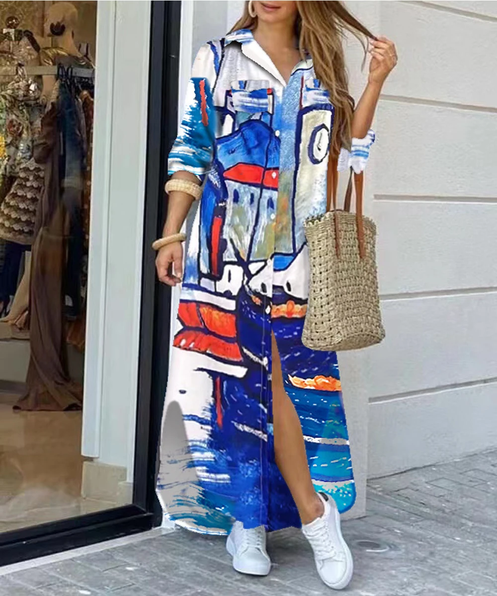 

2022 Women Sundress Sexy Turn-down Collar Face Print Maxi Dress Boho Dress Single Breasted Button Irregular Long Dresses Vestido