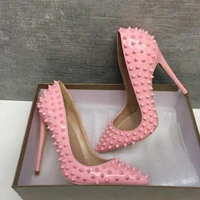 sexy nail rivets pointed toe high heel pumps pink patent leather party shoes fashion thin heels shallow women shoes wedding shoe