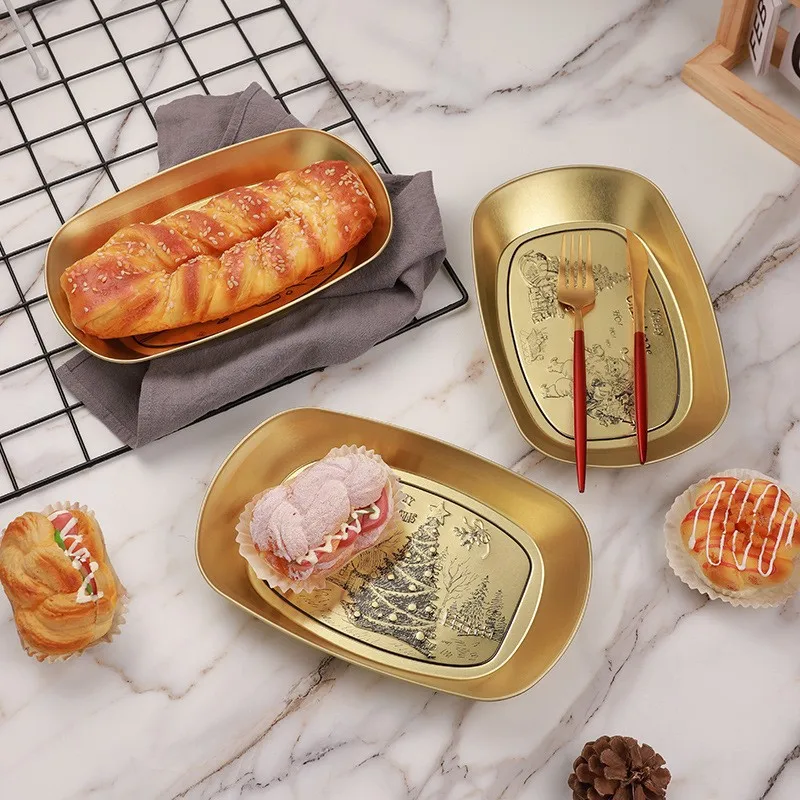 European-Style Gold Retro Iron Tray Dried Fruit Bread Storage Boat Fruit Plate Antique Metal Snack Iron Art Small Tray
