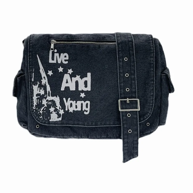 

Винтажная джинсовая сумка Y2k на плечо для девочек, повседневные уличные мессенджеры с надписью, женская сумка через плечо, школьный портфель для студентов, компьютерные сумки