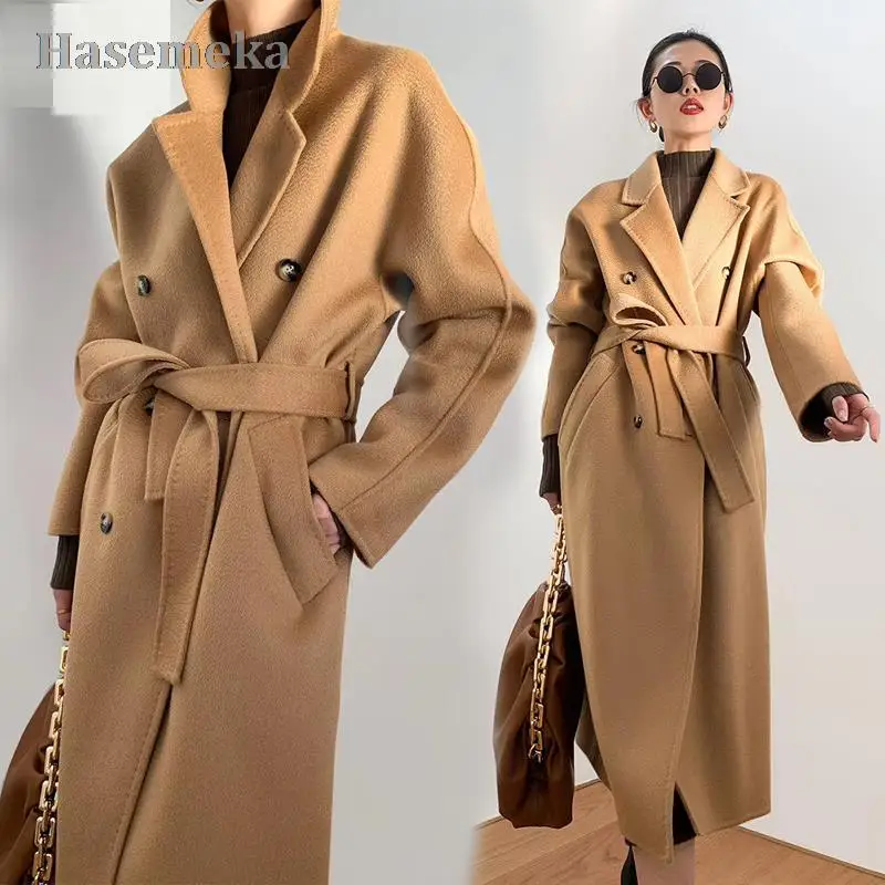 

Женское длинное шерстяное пальто, Кашемировое двубортное пальто с волнистым узором, Осень-зима