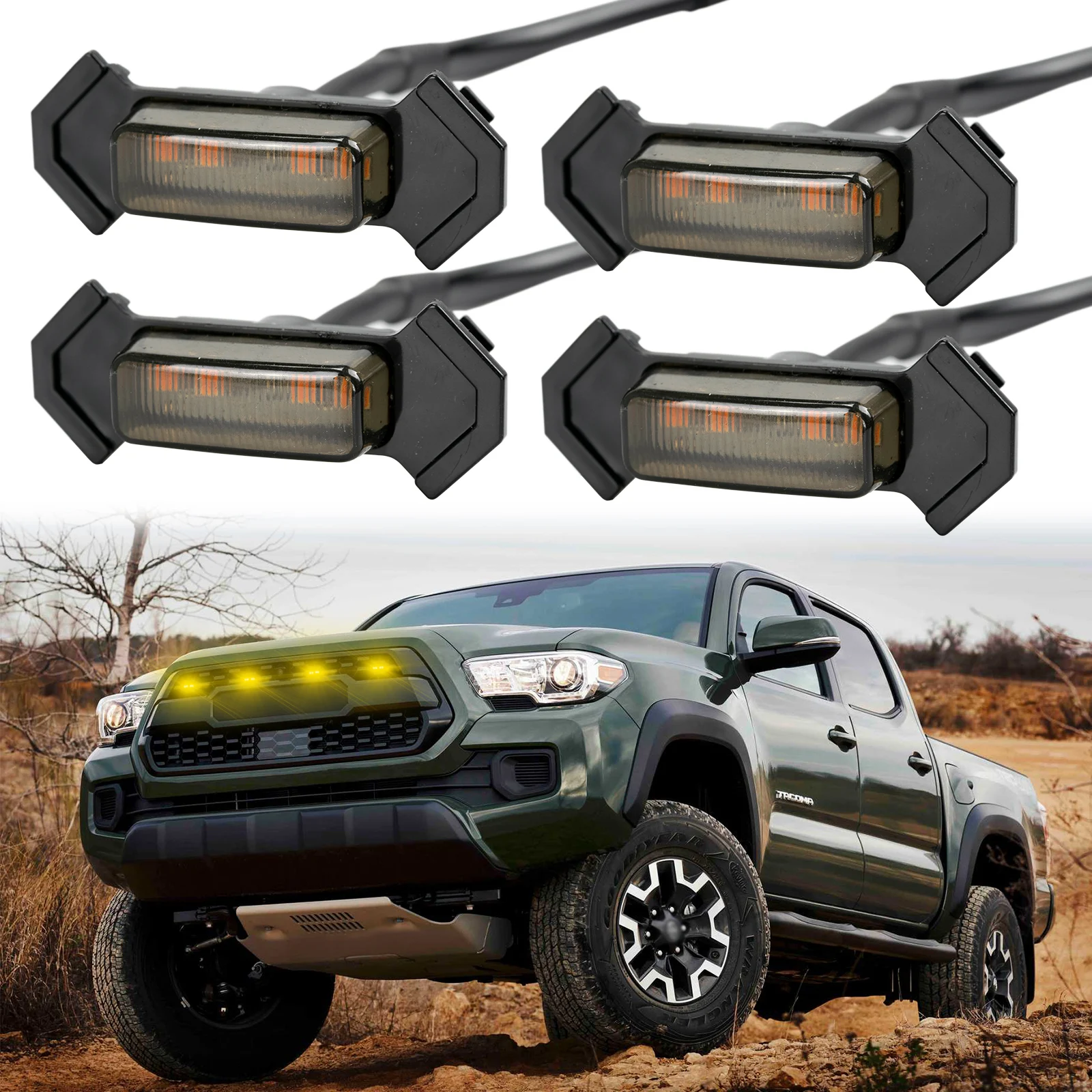 4Pcs Smoked Lens Amber LED 12v Grille Light For Ford F250 For Dodge Ram For GMC For Toyota Tacoma w/TRD Pro Grill Pickup SUV DIY