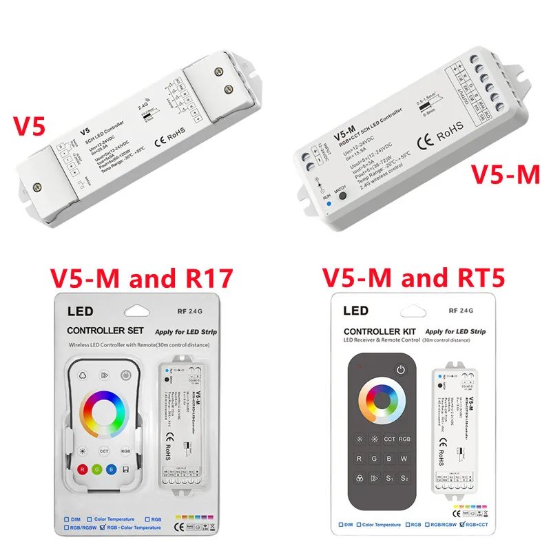 

PWM constant voltage RGB+CCT LED strip RF CV Controller (RGB+CCT, RGBW, RGB, CCT, DIM) Wireless 2.4G remote control 5 channels