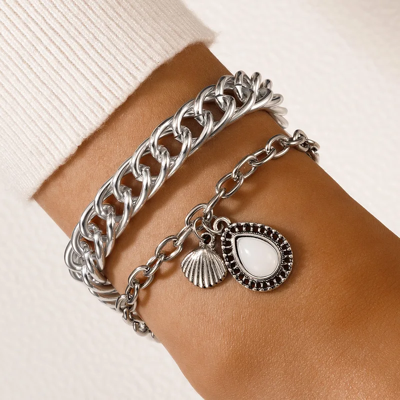

New 2022 Imitation Gem Geometry Water Drop Double Layer Bracelet Retro Shell Chain Multi-layer Bracelet