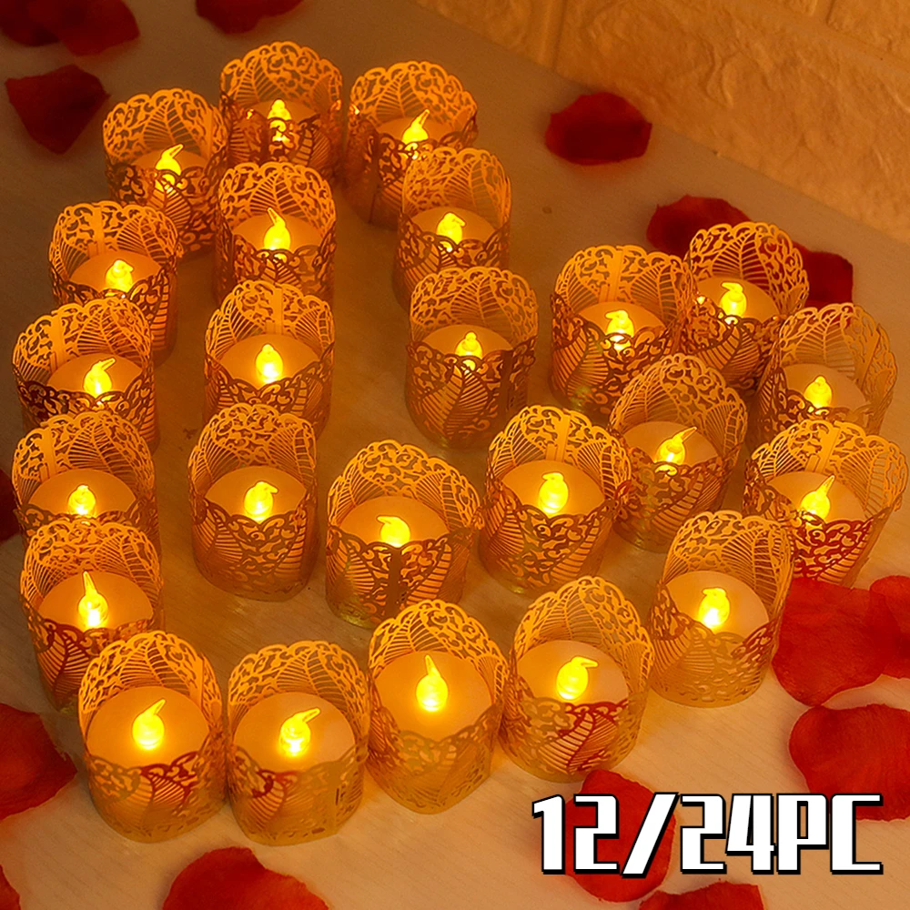 

12/24PCS LED Candles Light Simulation Candle Smokeless Tea Lights with Paper Lampshade Holiday Birthday Wedding Party Decoration