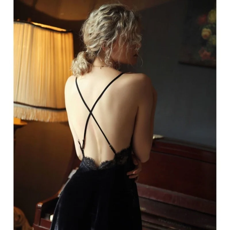 QWEEK Velvet Night Dress Women Sexy Sleepwear Lace Embroidery Patchwork Nightgown Female Autumn Vintage Nightie Dressing Gown