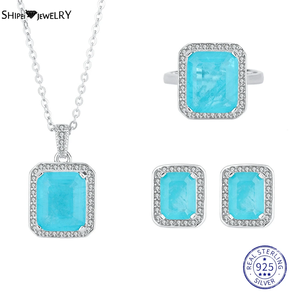 

Shipei 100% 925 Sterling Silver Created Moissanite Paraiba Tourmaline Gemstone Earrings/Pendant/Necklace/Ring Jewelry Set 3Pcs