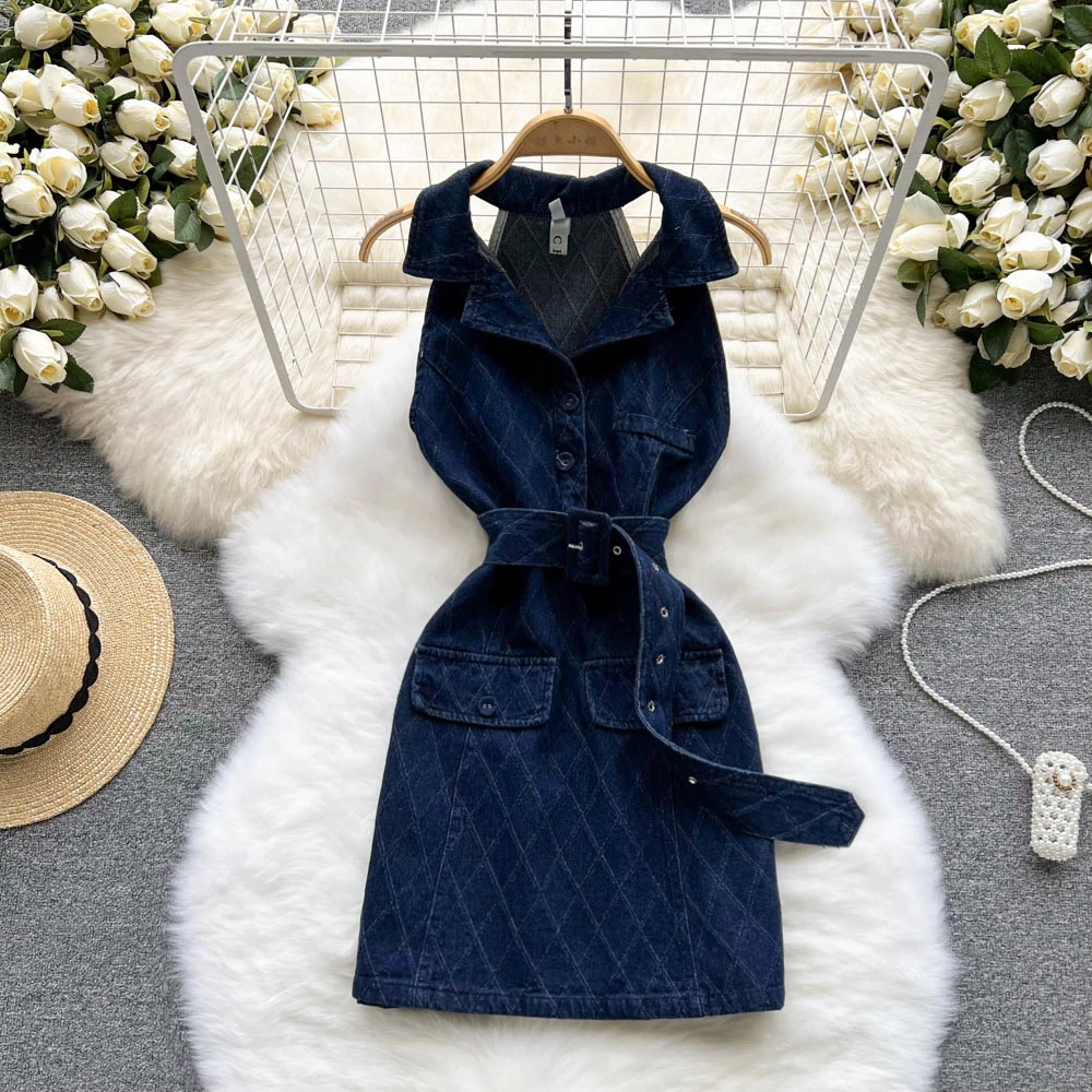 

Летние платья-трапеции из денима с завязкой на талии, ковбойские платья, новинка 2022