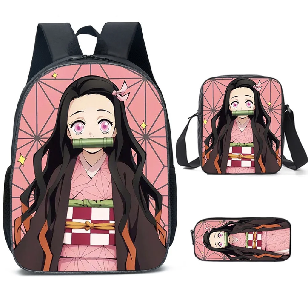 3 Piece Demon Slayer Nezuko Children New Anime Backpacks Girls Princess Student School Pen Bags Kids Shoulder Bag Drop Shipping
