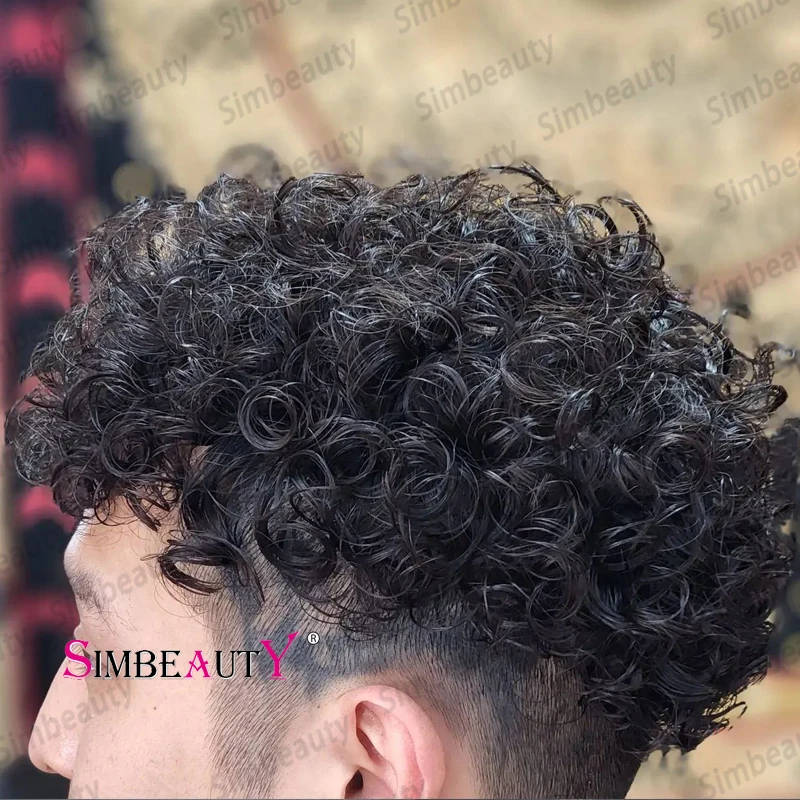 

Натуральный парик для мужчин 0,1 мм Полная плотность ПУ основа 20 мм кудрявые волосы Замена мужской t система прочная тонкая кожа 7x10 мужской па...