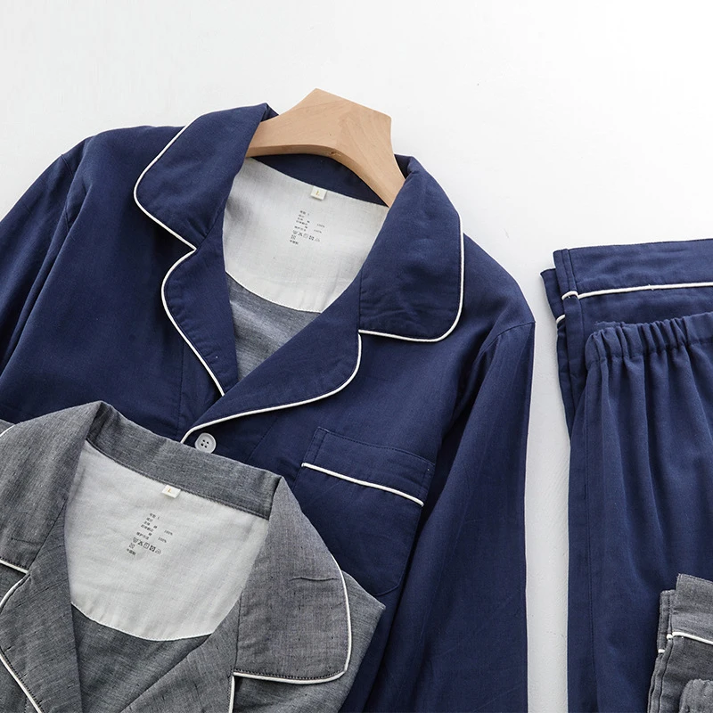 2022 New Spring Summer 100% Cotton Gauze Pajamas Set Men Unisex Homewear High Quality Full Sleeve Night Sleep Pants Sets