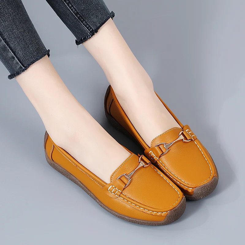 2023 New Genuine Leather Women Flats Woman Casual Shoes Luxury Loafers Female Slip-on Boat Shoes Moccasins Big Size 35-44