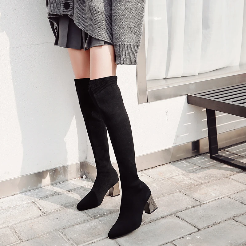 LazySeal Winter Stretch Fabric Long Socks Boots Women Metal 9cm Square Heel Boots High Over-Knee Sexy Lady Shoes