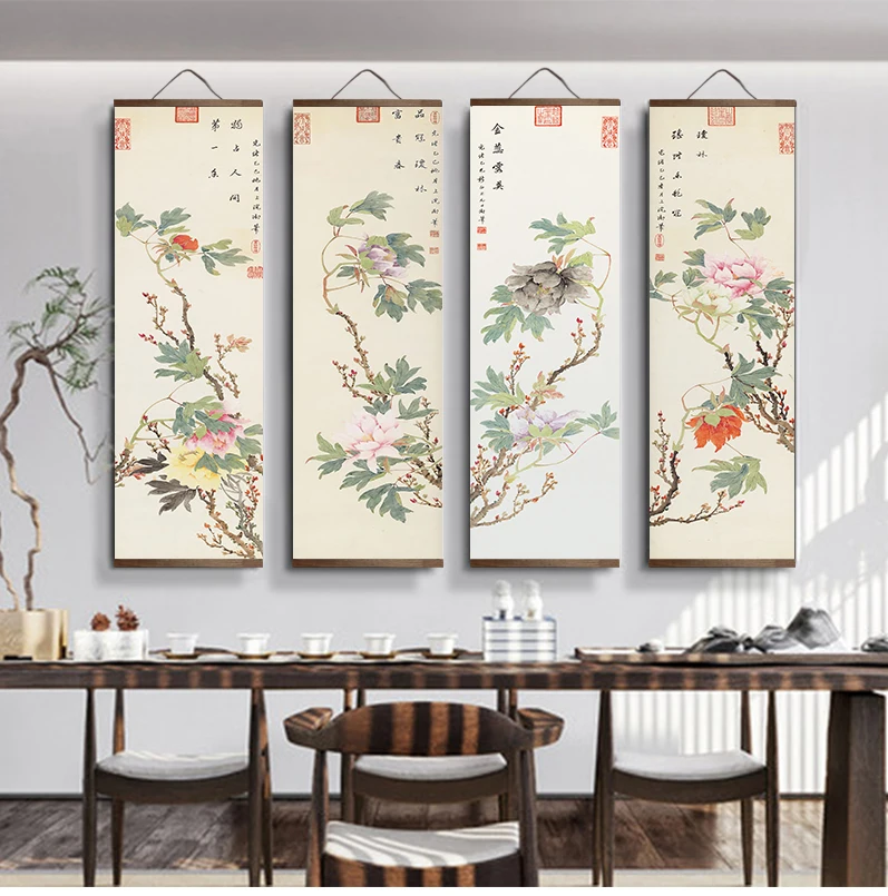 Chinese style Traditional green flowers Canvas for Living Room Wall Art Posters Solid Wood Scroll Paintings home decor |