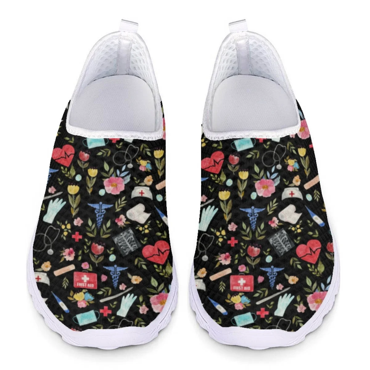 

Love to Care Medical Black Printed Flats Lightweight Comfortable Outdoor Sneakers Student Breathable Nursing Loafers Zapatos