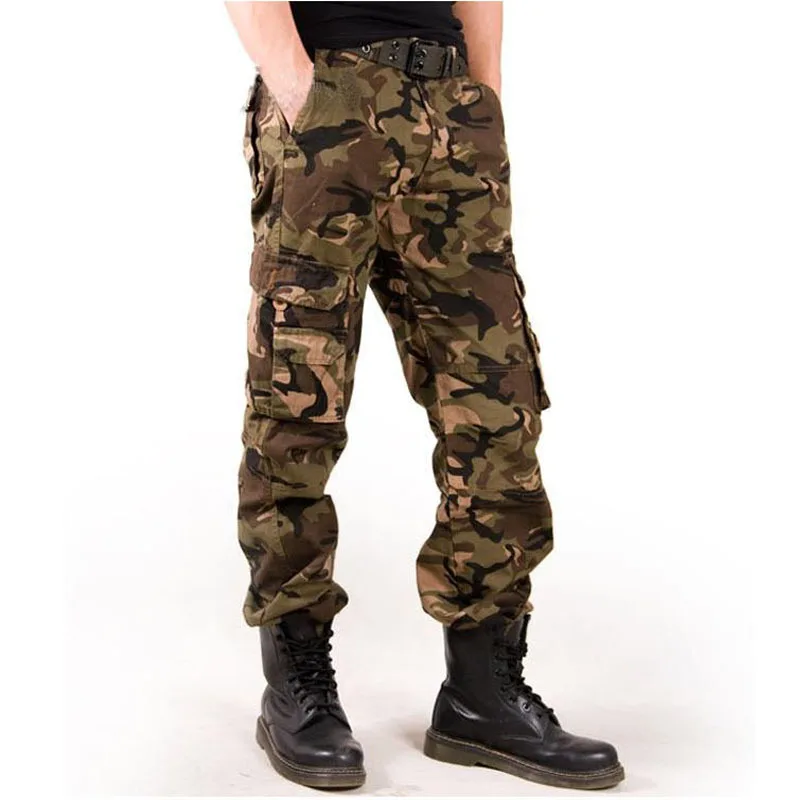 Men's Outdoor Casual Cargo Pants Washed Cotton Multi-pocket Camo Pants