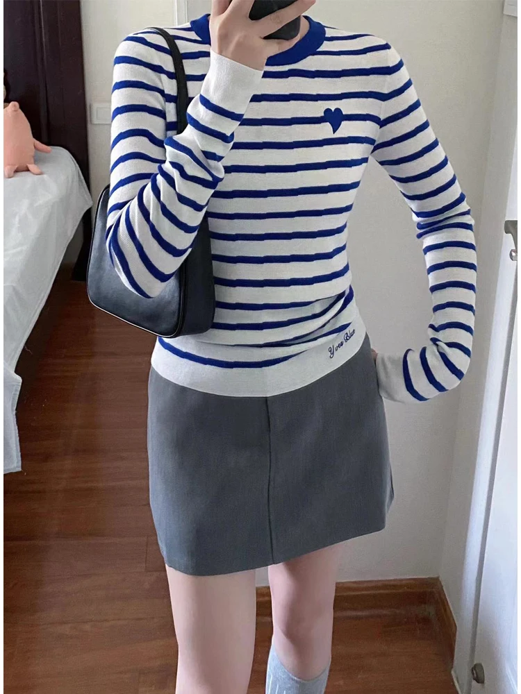 Плюс размер Корейский Sle с круглым вырезом в полоску контрастного цвета длинными