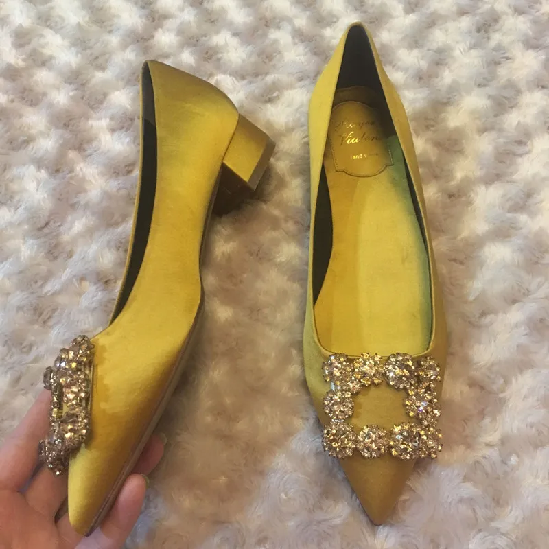 Luxury New Rhinestone Square Button Silk Women Pumps Lady Shallow Thick-heeled Pointed Toe Comfortable Elegant High heels Shoes