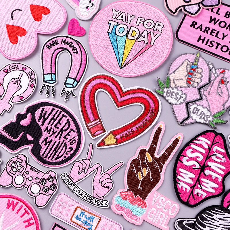 

Cartoon Patch Letters Embroidered Patches For Clothing Stripe Badges Pink Patch Iron On Patches On Clothes Hook Loop Stickers