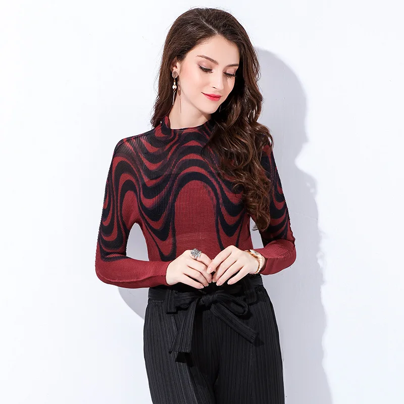 Miyake плиссированный топ модный женский с длинными рукавами и принтом