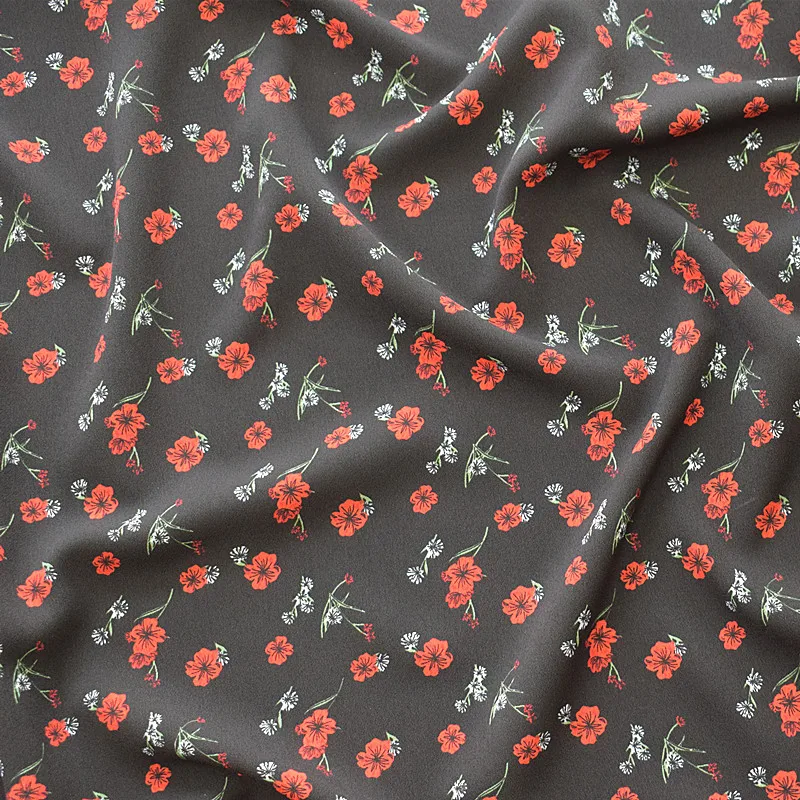 

High Quality Elastic Huayao Crepe Chiffon Fabric Printed In Spring And Summer With Black Background And Small Red Flowers