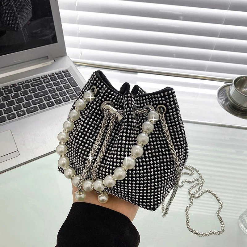 

Fashion Small Bucket Bags for Women 2022 Trend Diamonds Pearl Shoulder Crossbody Bag Female Chains Mini Hand Messenger Handbags