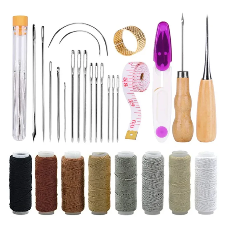 

Leather Craft Sewing Kit Waxed Thread Wooden Handle Hand Sewing Needles For Beginner Leather Repair Stitching Sewing Tool