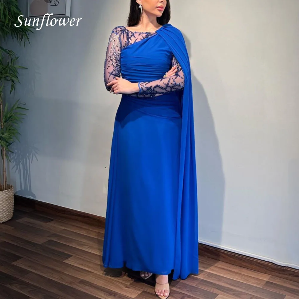 

Sunflower Blue O-Neck Formal Evening Dress 2023 Slim Sequined Appliques Chiffon Ankle-Length A-LINE High-end Custom Prom Gowns