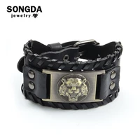 tiger bracelet black leather braided bracelet men fashion retro rope wrap bangles multilayer women jewelry accessories wristband