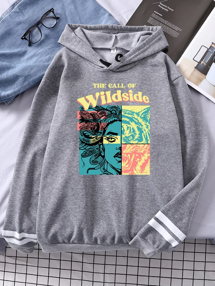 

The Call Of Wildside Medusa And Tiger Creative Puzzle Hand Drawn Woman Stripe Sweatshirt Loose Casual Hoodie Soft Female Clothes
