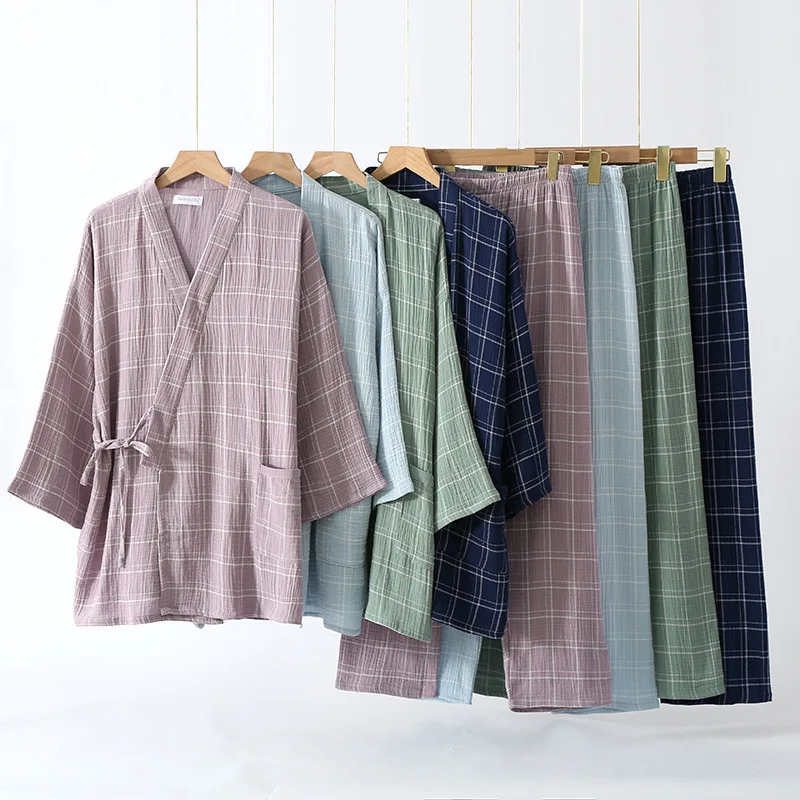 

Кимоно с рукавом до локтя для мужчин и женщин, хлопковый дизайнерский комплект с халатами, длинные штаны для пар, домашняя одежда, пижамный комплект