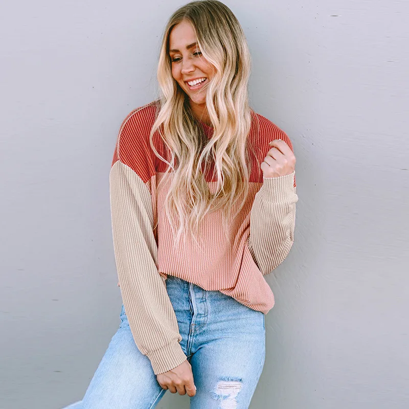 Новинка 2024 комбинированный цветной Топ с длинным рукавом Женская Повседневная