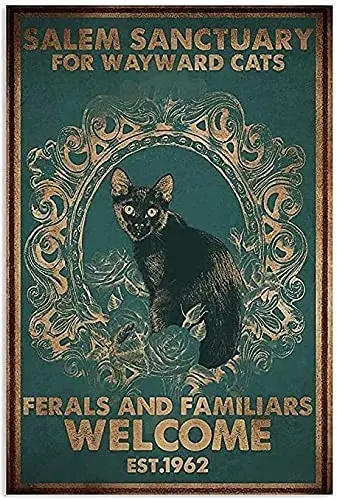 

Black Cat Metal Tin Sign,Salem Sanctuary for Wayward Cats,Vintage Poster Plaque Sign for Home Restaurant Kitchen Wall Decor