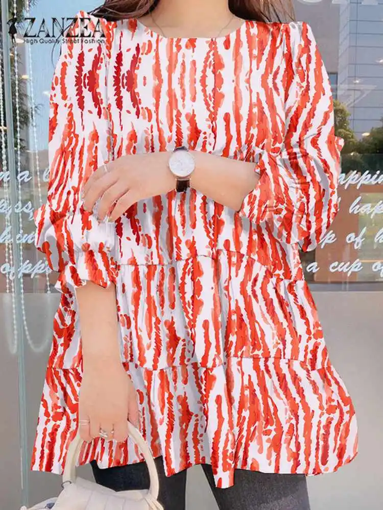 

2022 Autumn Elegant Puff Sleeve Blouse Women Holiday Ruffle Tops ZANZEA Vintage O Neck Shirts Casual OL Printed Blusas Oversized