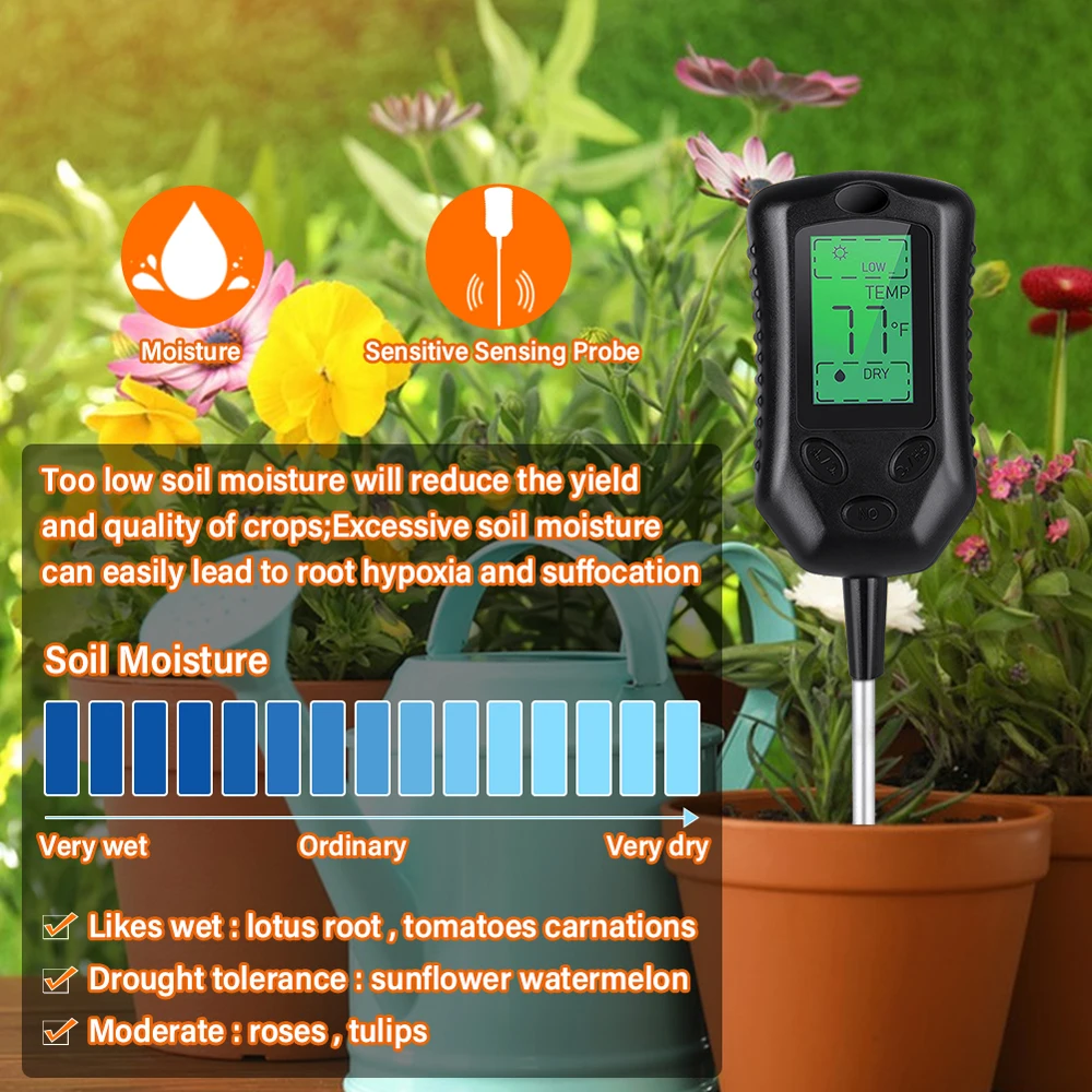 

Multifunctional 4in1 Soil Moisture/PH/Temperature Sunlight Intensity Testers Garden Planting Soil Detector Soil Detect Device