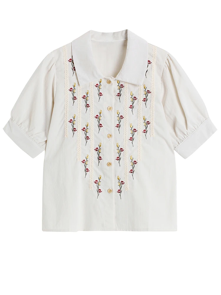 

Женская винтажная блузка с вышивкой, бежевая Свободная рубашка с отложным воротником и рукавами-фонариками, весна-лето 2023, M926