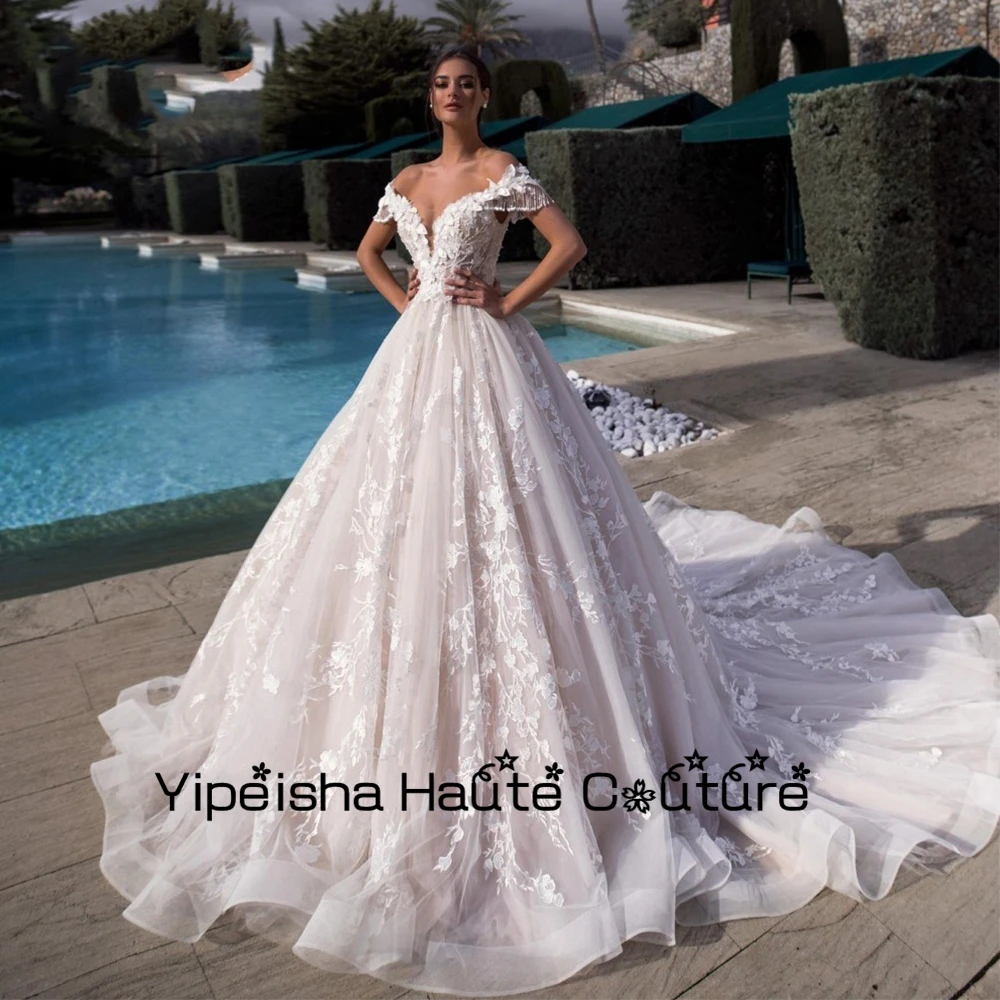 

Yipeisha Elegant Off Shoulder A Line V Neck Wedding Dresses for Marriage 2022 New Ball Gowns Applique Robe De Mariée Summer