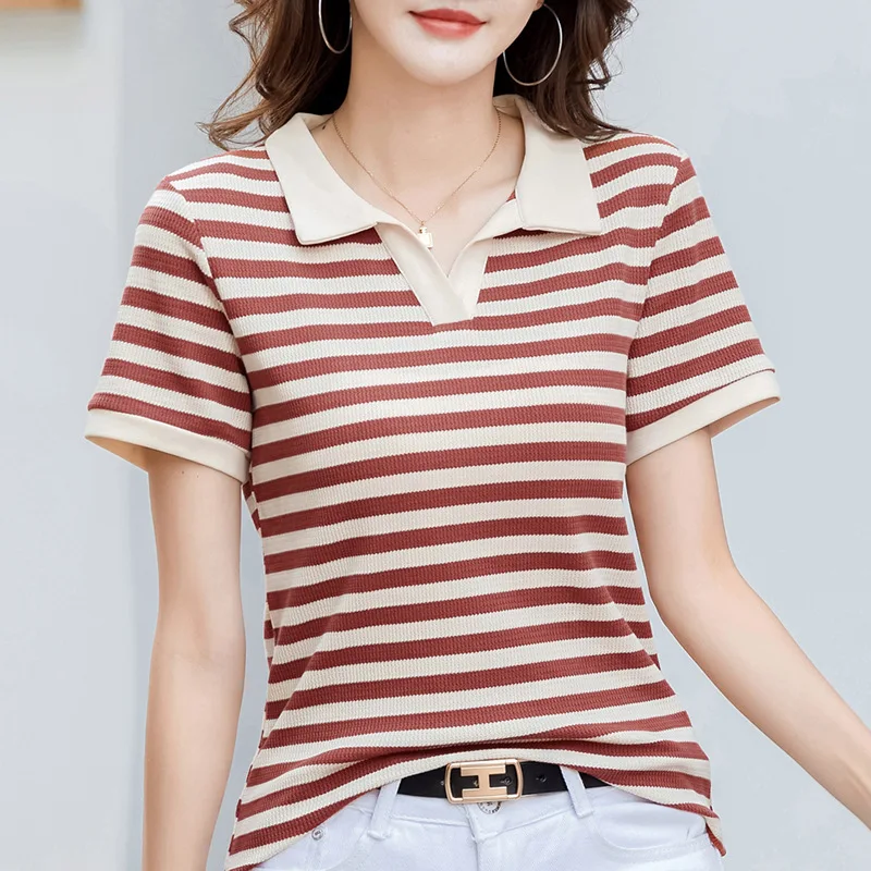 #0420 летняя полосатая футболка с отложным воротником тонкая короткая Женская
