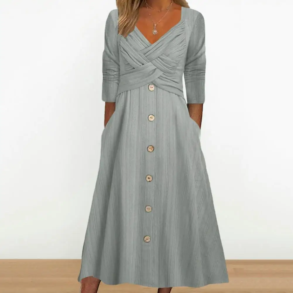 

Женское платье с V-образным вырезом, однотонное осеннее платье средней длины с длинным рукавом и пуговицами