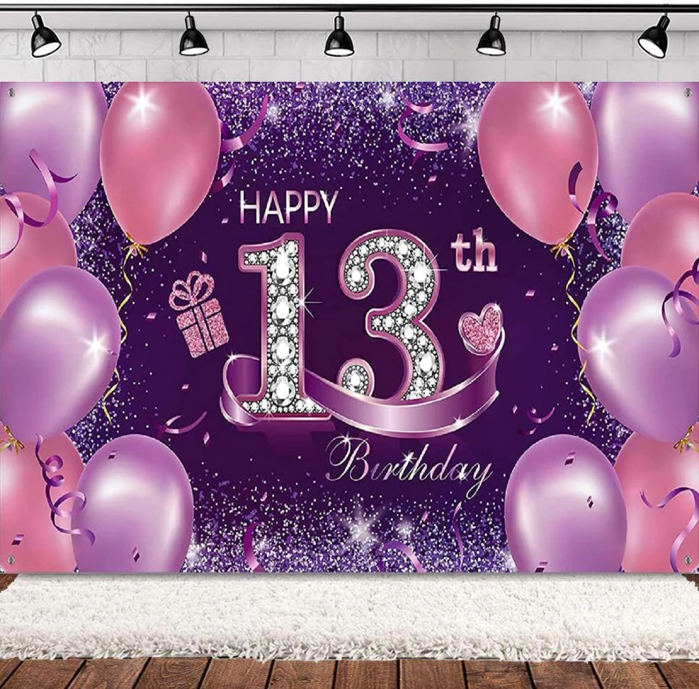 

Photography Backdrop Pink Purple Balloon Happy 13th Anniversary Birthday Girls Party Sign Banner Background Decor Poster