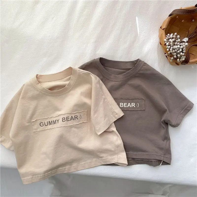 Детская летняя одежда Корейская свободная футболка из чистого хлопка с