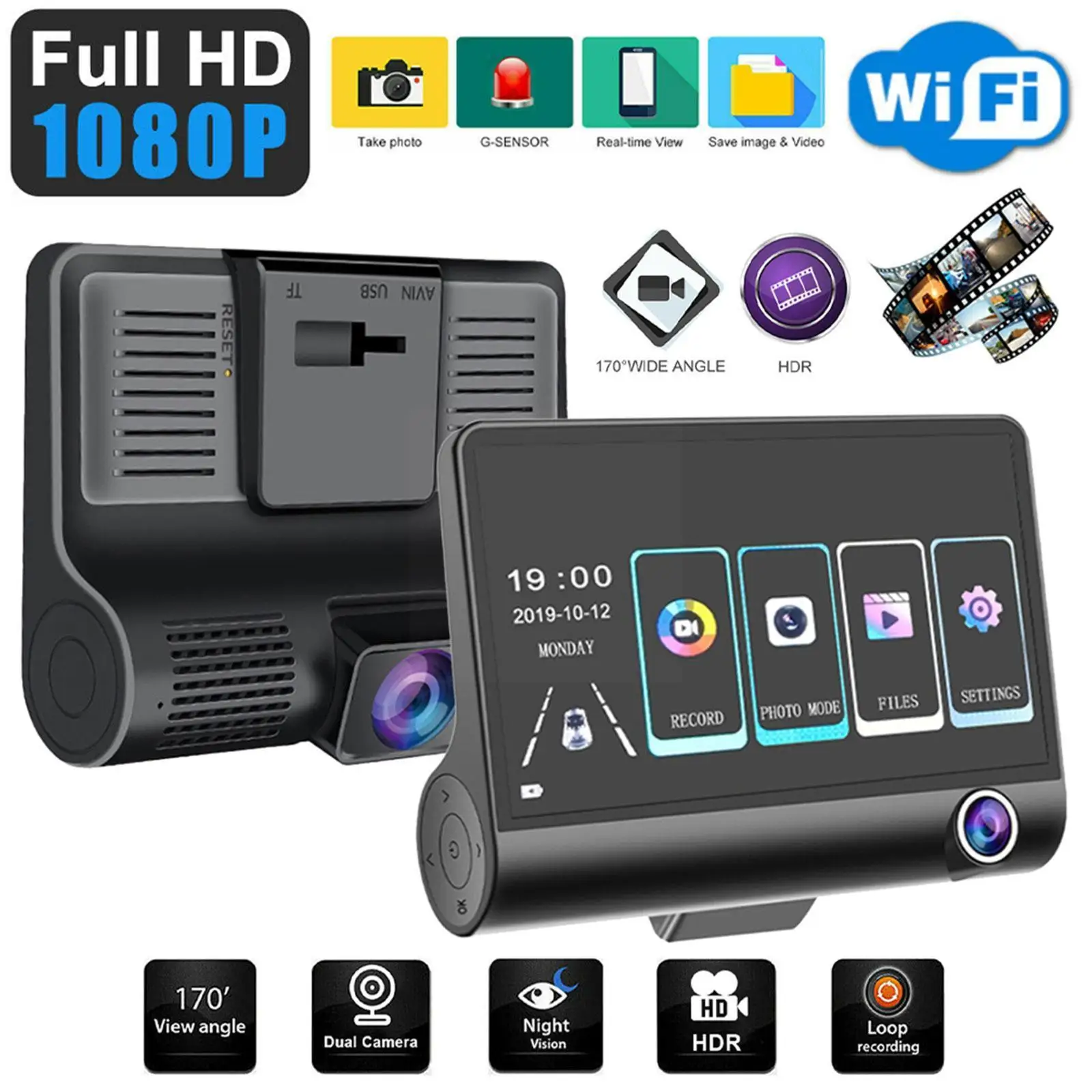 

Видеорегистратор с 3 объективами, 4 дюйма, 1080p, G-датчик