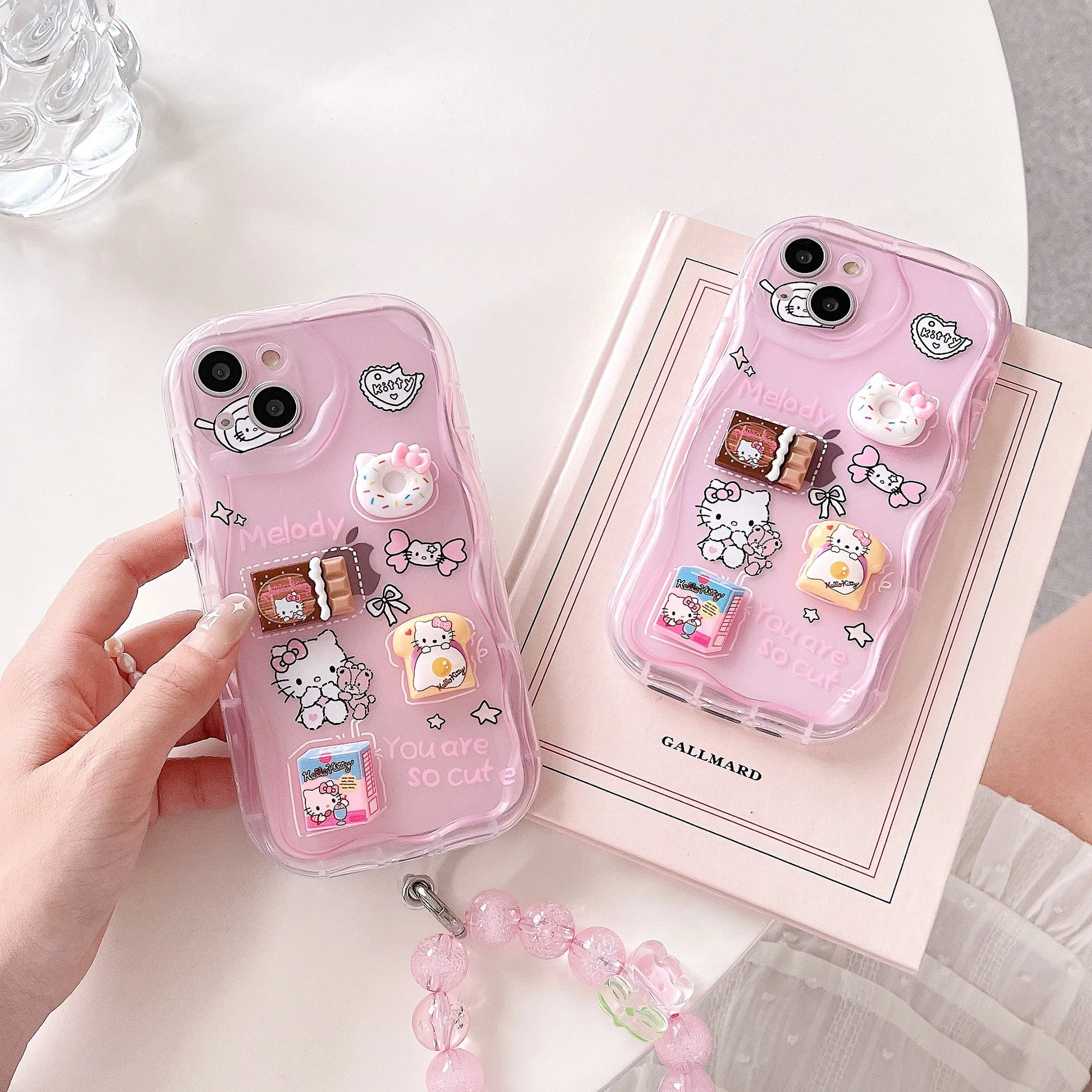 

Kawaii Sanrio 3D Hello Kitty IPhone Fall Protection Case for 12/13/14 Pro Max Cartoon KTM Pearl Chain Phone Case Holiday Gift