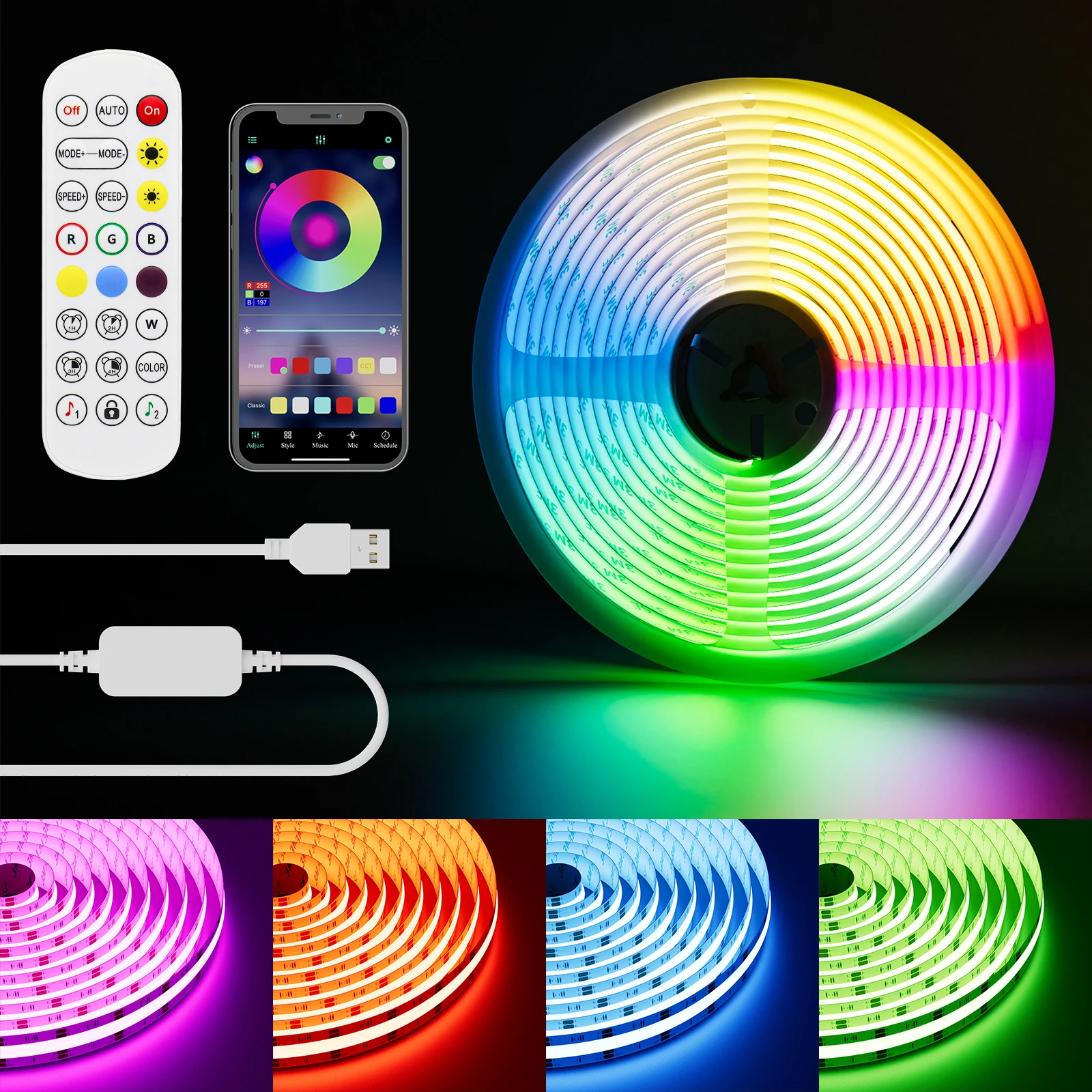 PAUTIX 5V USB RGB COB LED Strip Light Bluetooth APP Control 816LEDs High Density Flexible Colorful Linear Tape TV Backlight