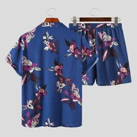 mens vintage casual shirts 3d print lapel short sleeve shirt beach shorts summer mens hawaiian shirt and shorts set plus size