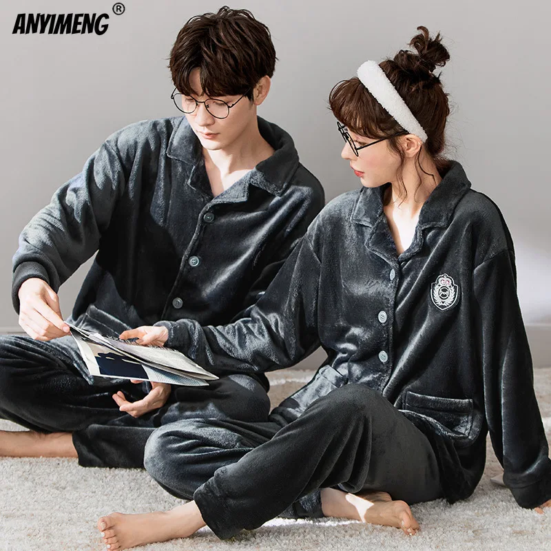 

Winter New Leisure Flannel Pajamas Set for Young Couple Fashion Cardigan Thick Pajama for Women Long Sleeve Sleepwear for Men