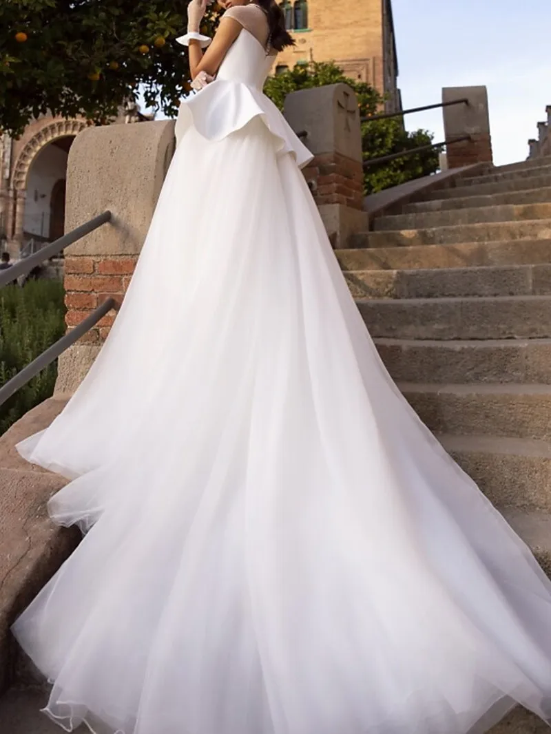 

A-Line Sateen Tulle Wedding Dress Jewel Neck Sweep Train Garden Chapel Beach Wedding Sleeveless Country Simple Bridal Gowns Robe