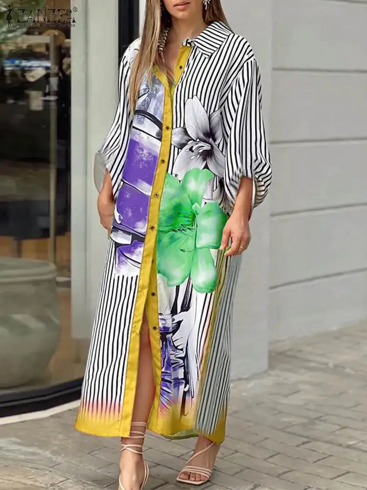 

ZANZEA Women's Long Sleeve Striped Shirt Dress Floral Printed Plus Size Loose Long Dresses Oversized Office Striped Shirt Dress