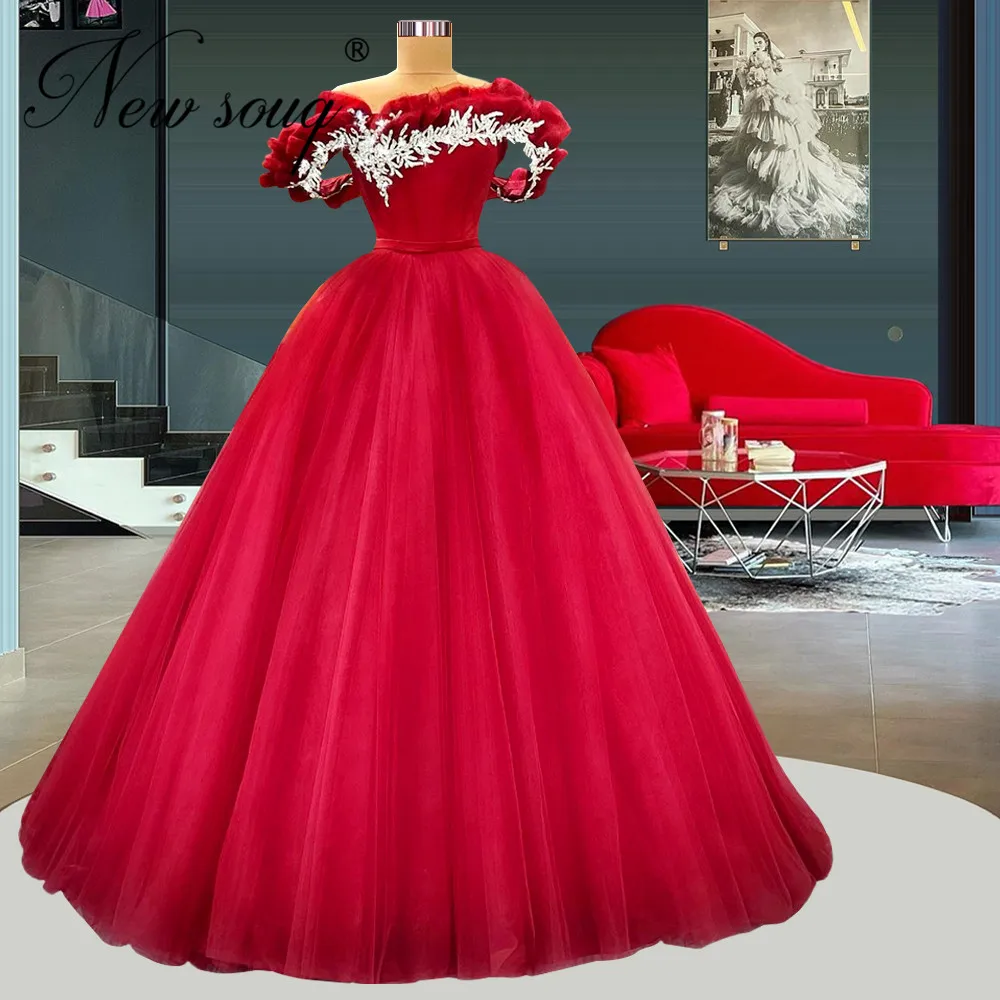 

Puffy Red Evening Dresses With Beadeds Vestidos De Fiesta Couture Off The Shoulder Prom Dress Wedding Party Gowns For Dubai 2022